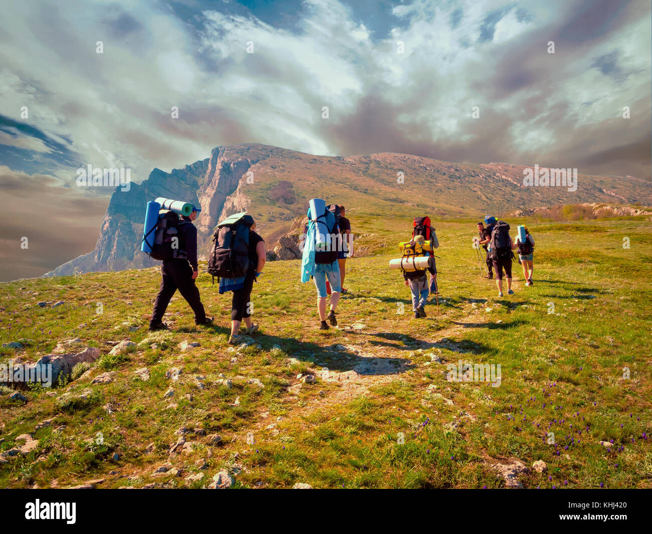 Hikers group trekking in Crimea Stock Photo