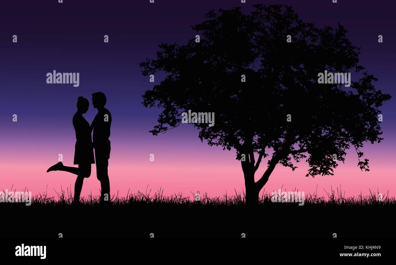 Loving young man and woman embracing on grass at tree under romantic sky with dawn - vector Stock Vector