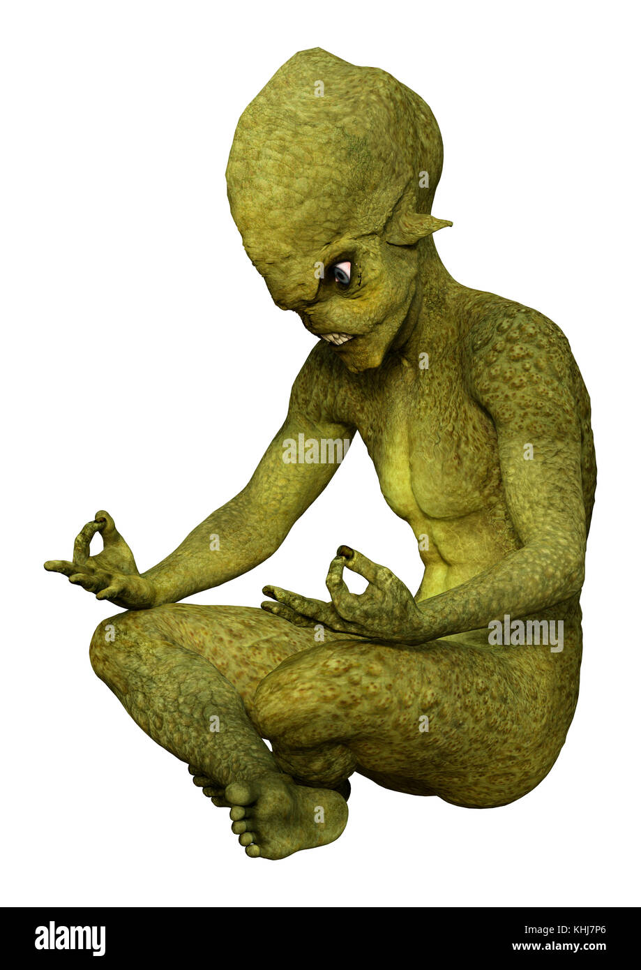 3D rendering of a green alien practicing yoga isolated on white ...