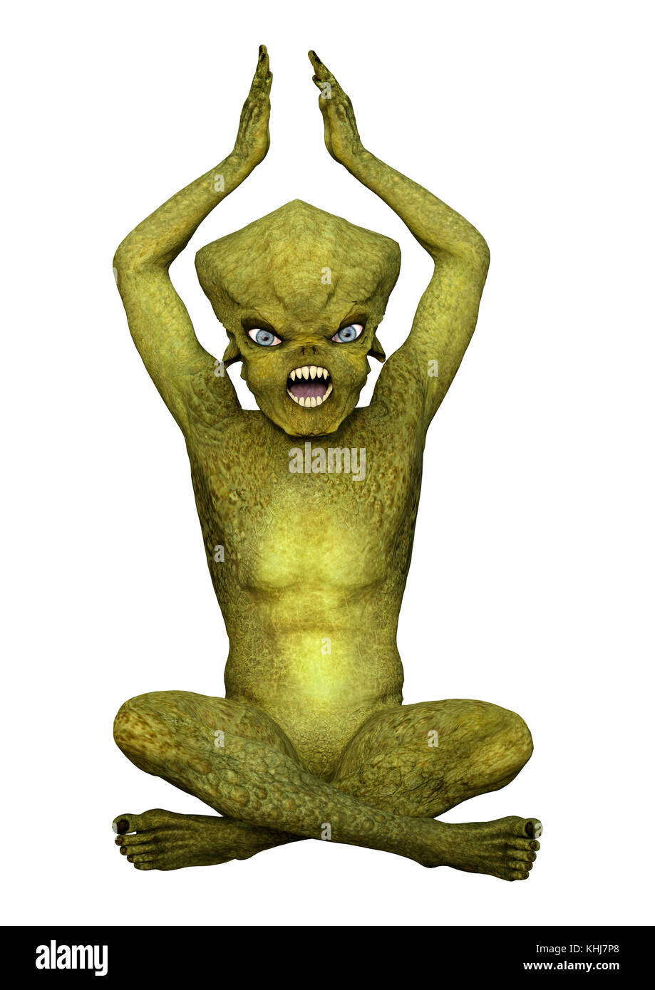 3D rendering of a green alien practicing yoga isolated on white ...