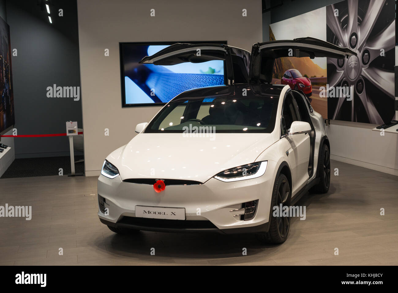 The Tesla Model X Electric car at the showroom in the Grand Arcade shopping Mall, Cambridge, England, UK. Stock Photo