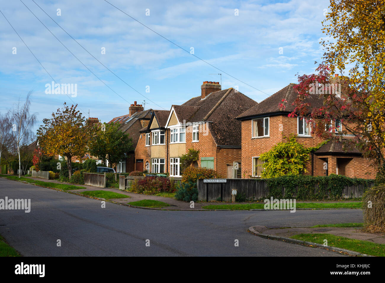 Residential suburban street with 1930s semi detached houses off Huntingdon rd, North West Cambridge, England, UK. Stock Photo