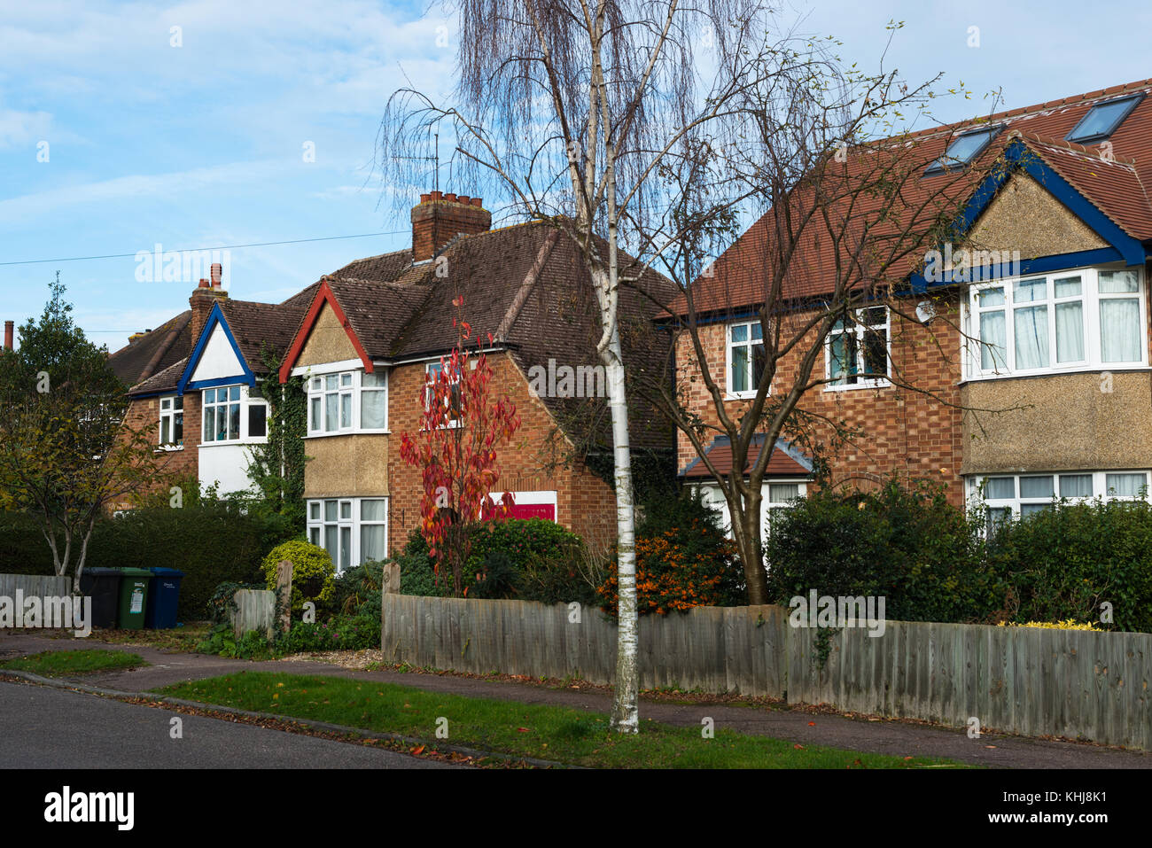 Residential suburban street with 1930s semi detached houses off Huntingdon rd, North West Cambridge, England, UK. Stock Photo