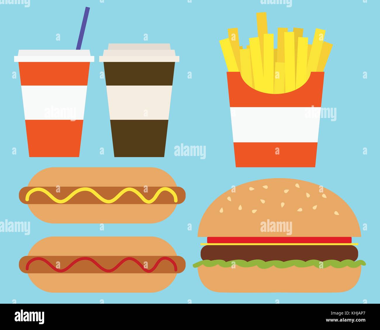 Flat design illustration of a fast food meal with food and drink, isolated on background - vector Stock Vector
