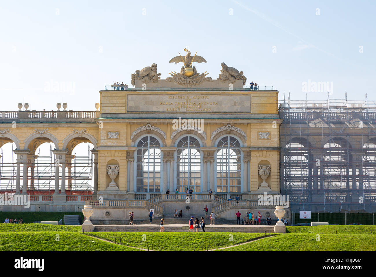 VIENNA, AUSTRIA - SEPTEMBER 11, 2016 : View of Classical Gloriette Arch in Schönbrunn Palace Garden in Vienna, on bright sky background. It was built  Stock Photo