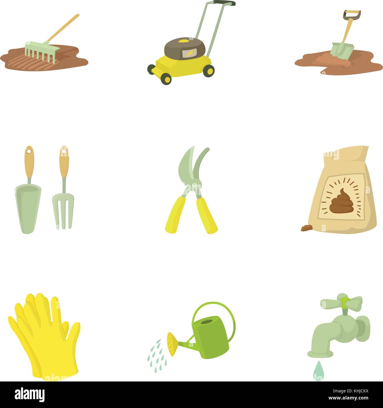 Tending garden icons set, cartoon style Stock Vector