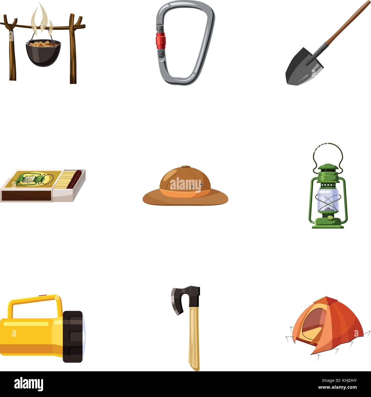 Campground icons set, cartoon style Stock Vector