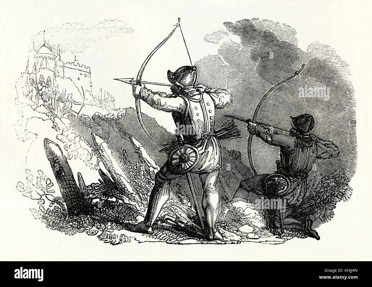 An old engraving depicting archers using longbows in medieval times. In the Middle Ages the Welsh and English were famous for their very powerful longbows. Stock Photo