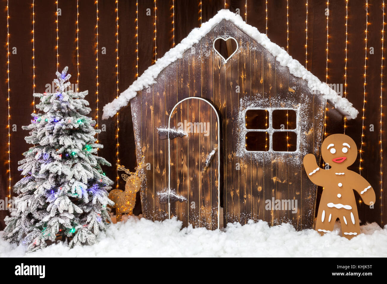 a new year scene with a snow covered wooden hut a gingerbread man and - Gingerbread House Christmas Decoration a new year scene with a snow covered wooden hut a gingerbread man and - Gingerbread House Christmas Decoration
