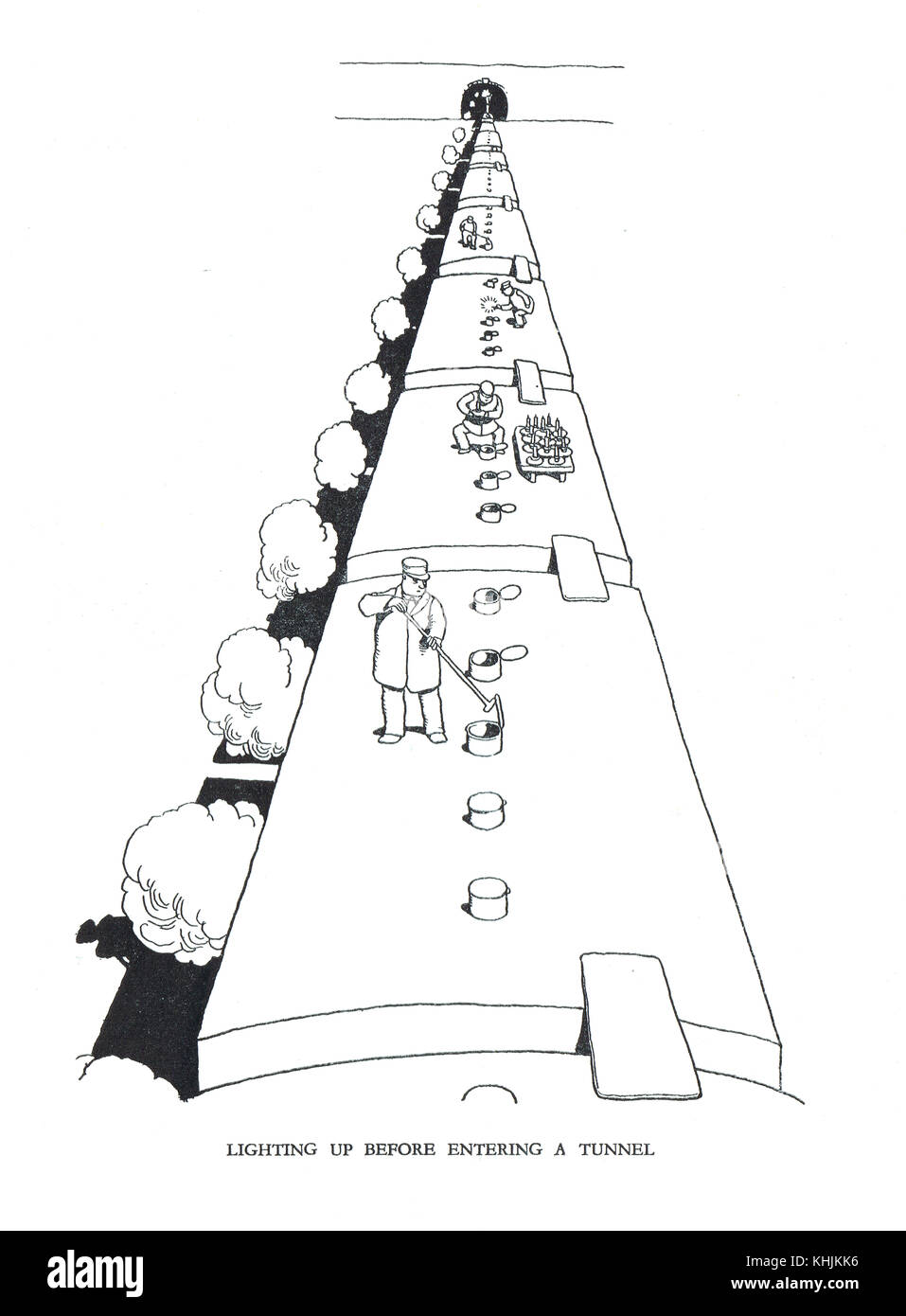 Lighting up before entering a tunnel, Cartoon by William Heath Robinson Stock Photo