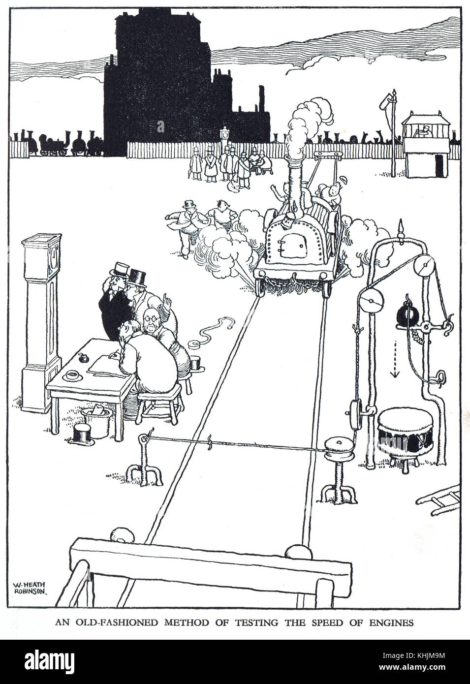 Old fashioned method of testing the speed of engines, Cartoon by William Heath Robinson Stock Photo