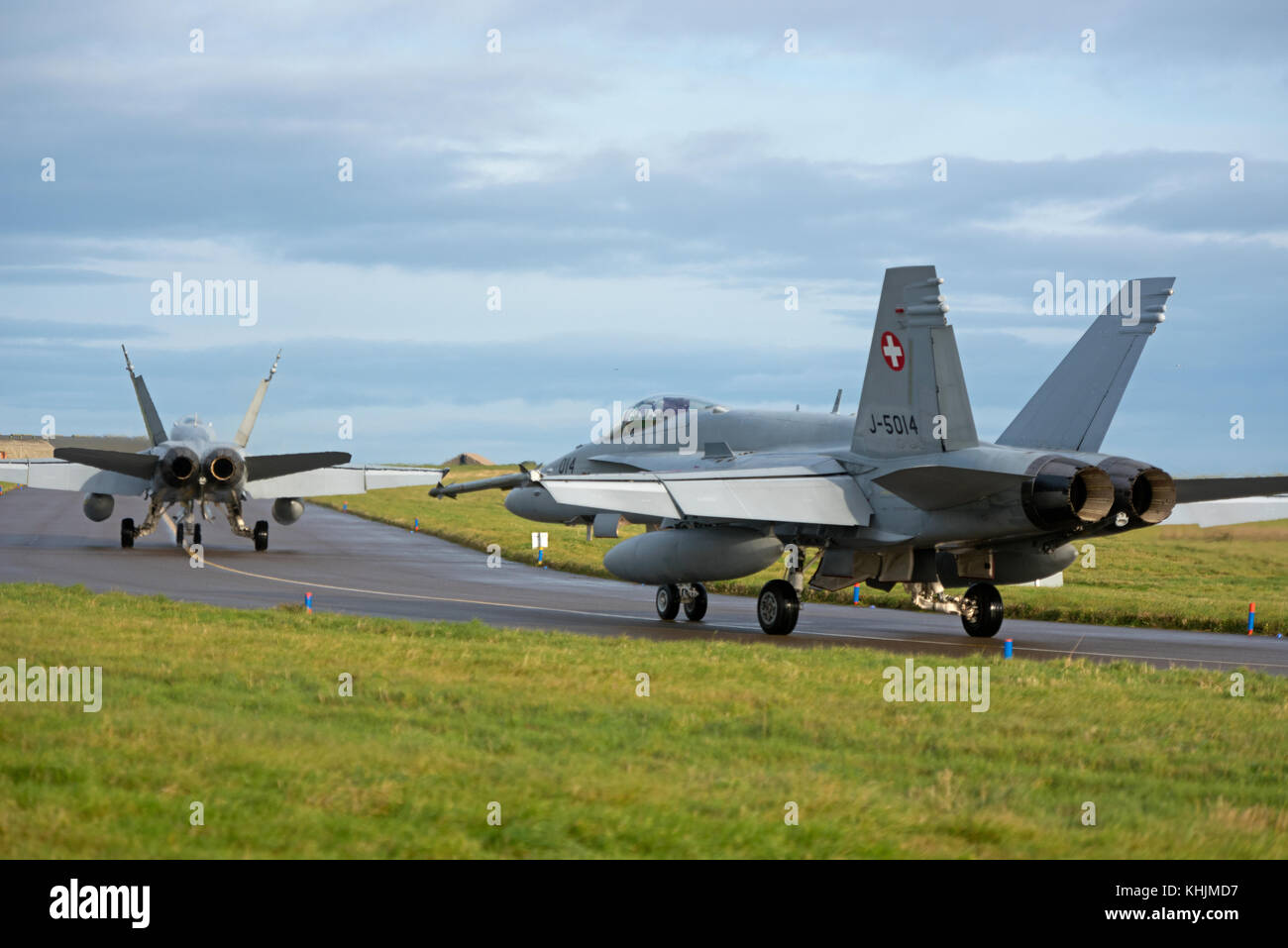 Swiss Air Force McDonnell Douglas F/A18C aircraft on 4 week exercise at RAF Lossiemouth Scotland. Stock Photo
