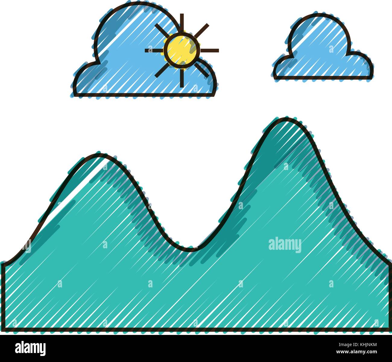 doodle landscape with clouds with sun and natural mountains Stock ...