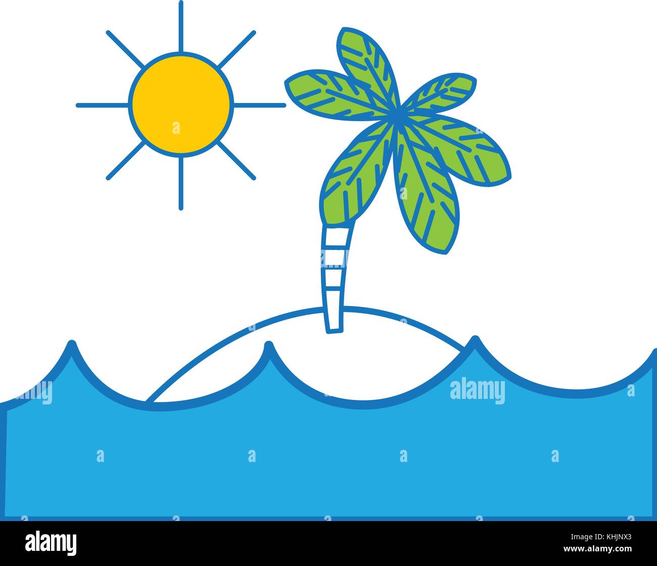 grated island with palm tree with sun and waves ocean vector ...