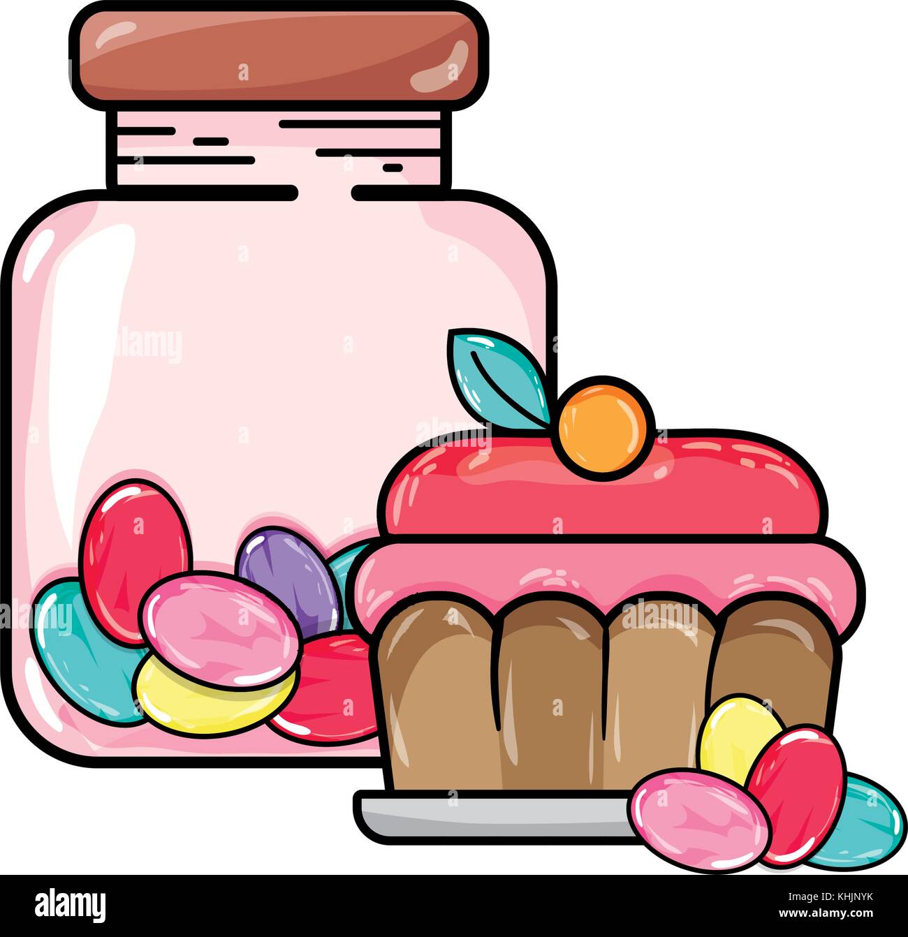 candy almonds inside jar and cake dessert vector illustration Stock