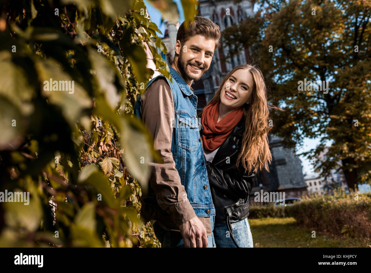 happy couple in autumn park Stock Photo