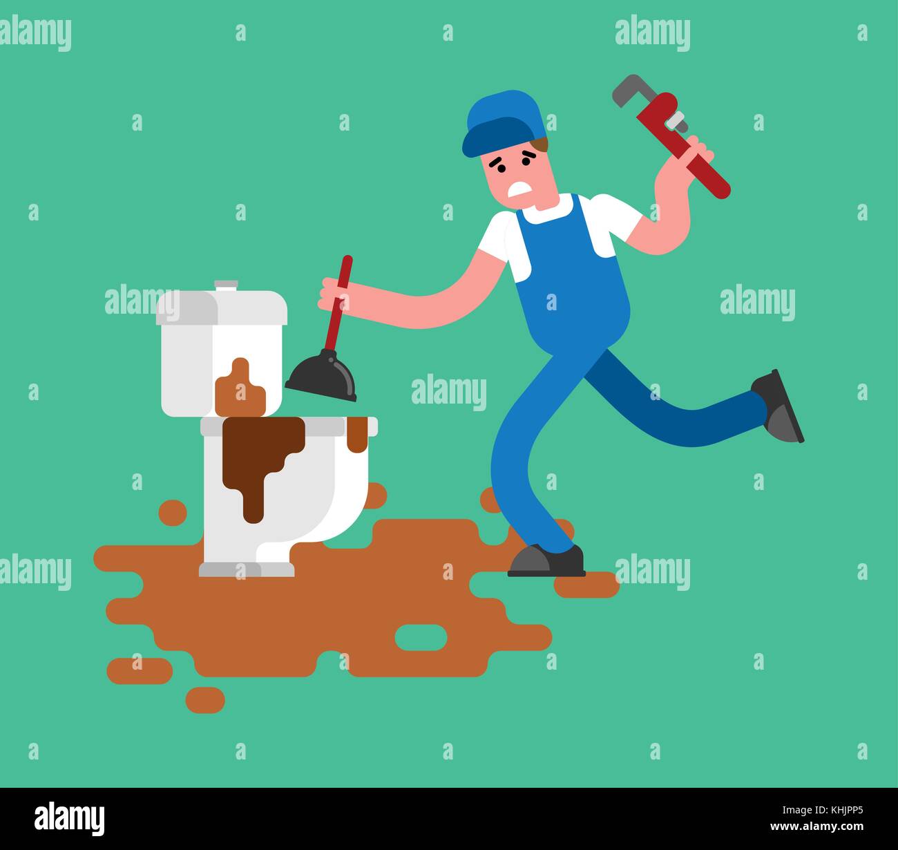 Plumber and dirty toilet. Cleaning pipes. Repair of plumbing. Vector illustration Stock Vector