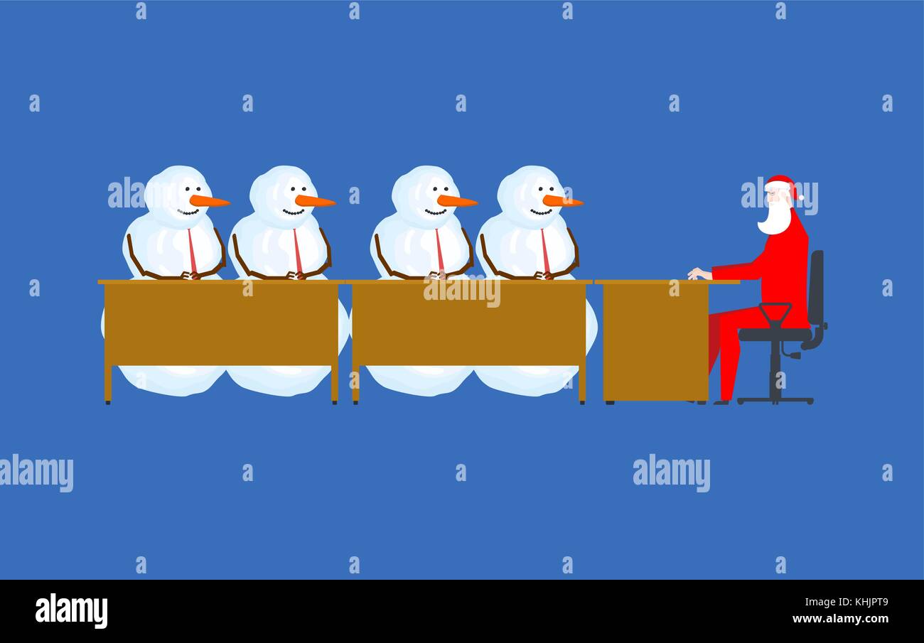 Santa Claus Meeting with snowman. Christmas office. New Year work. Vector illustration Stock Vector