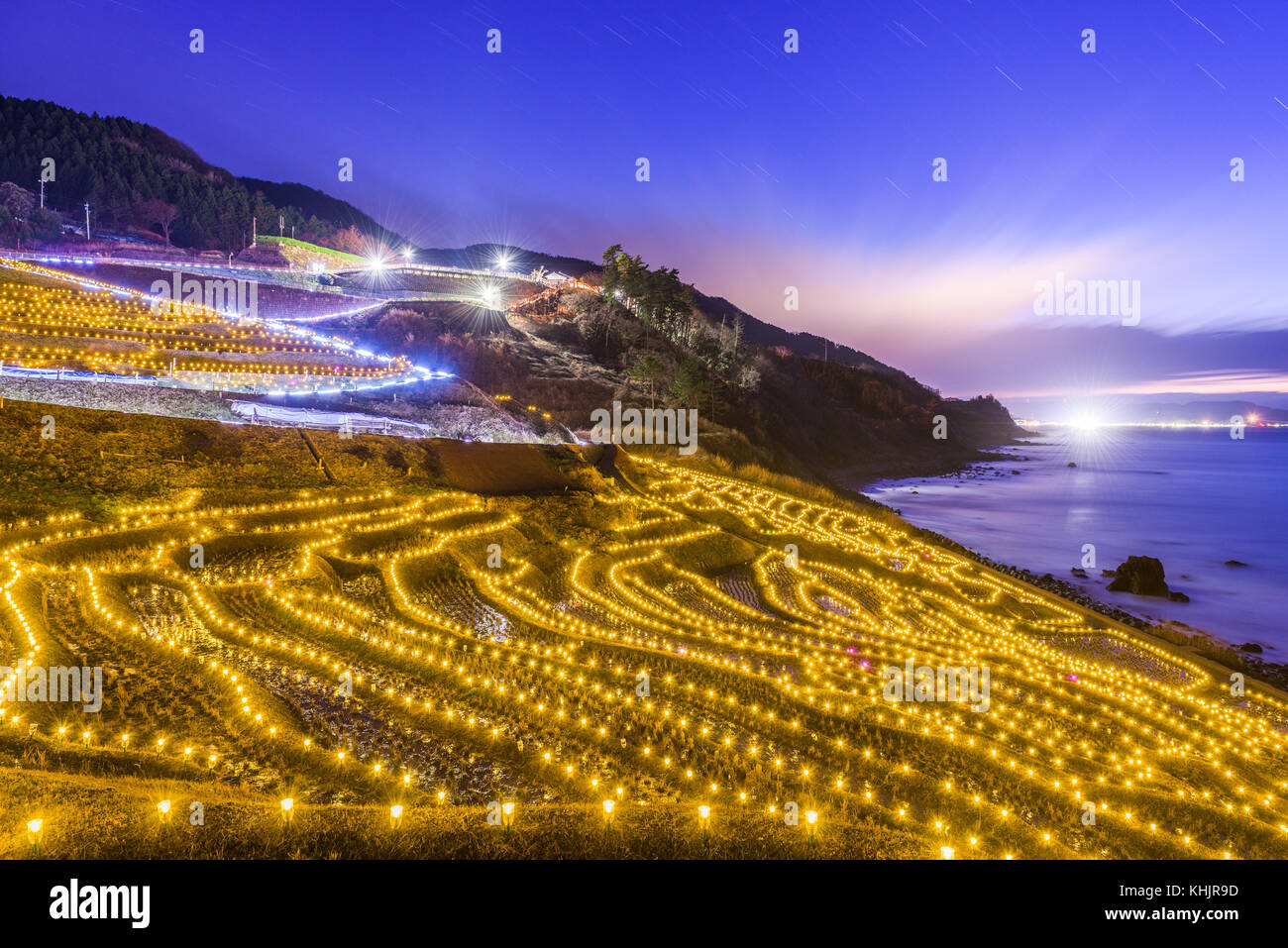 Wajima, Japan at Shiroyone Senmaida rice terraces night light up. Stock Photo