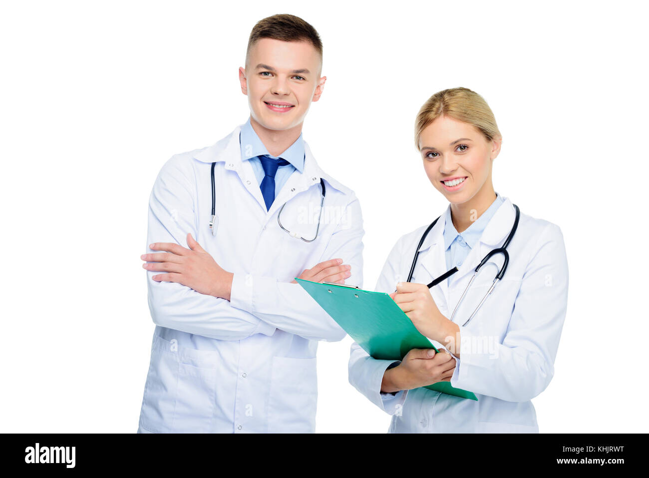 doctors in white coats with diagnosis Stock Photo Alamy