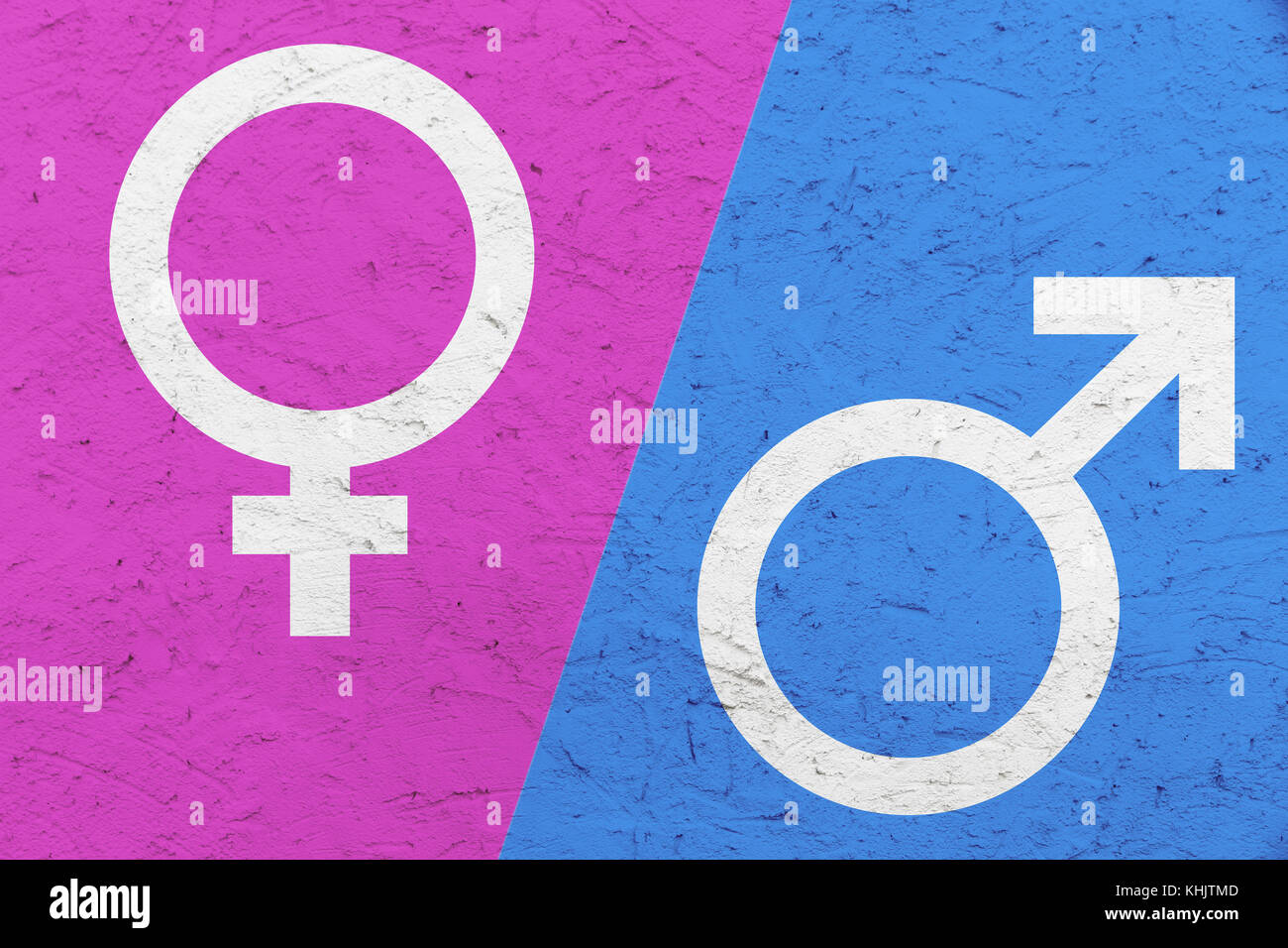 Male and female gender symbols (Mars and Venus signs) over pink and blue uneven texture background. Concept image for gender, feminine and masculine,  Stock Photo