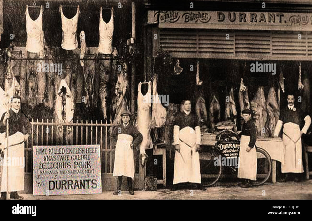 CHRISTMAS  in VICTORIAN TIMES -Butchers in Britain competed each Christmas to put on the best display of meat. Stock Photo
