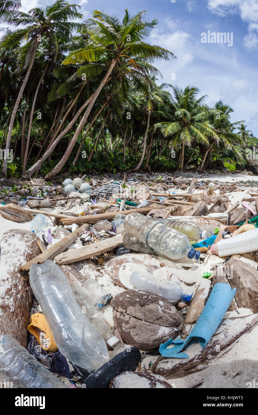 Plastic Waste washed up at Dolly Beach, Christmas Island, Australia Stock Photo