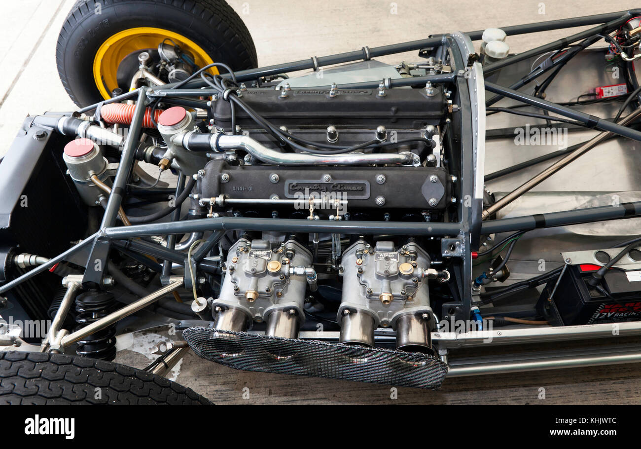 Close-up of a Coventry Climax engine in a Classic Lotus Race Car, at the 2017 Silverstone Classic Stock Photo