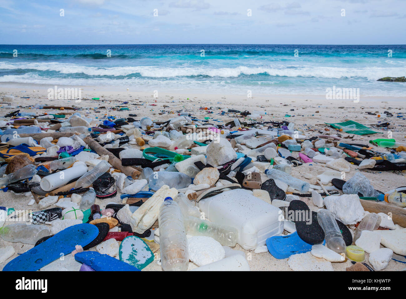 Plastic Waste washed up at Greta Beach, Christmas Island, Australia Stock Photo