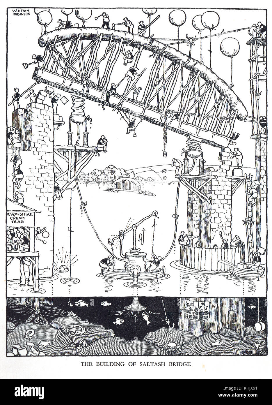 The building of Saltash bridge (Royal Albert Bridge), Cartoon by William Heath Robinson Stock Photo