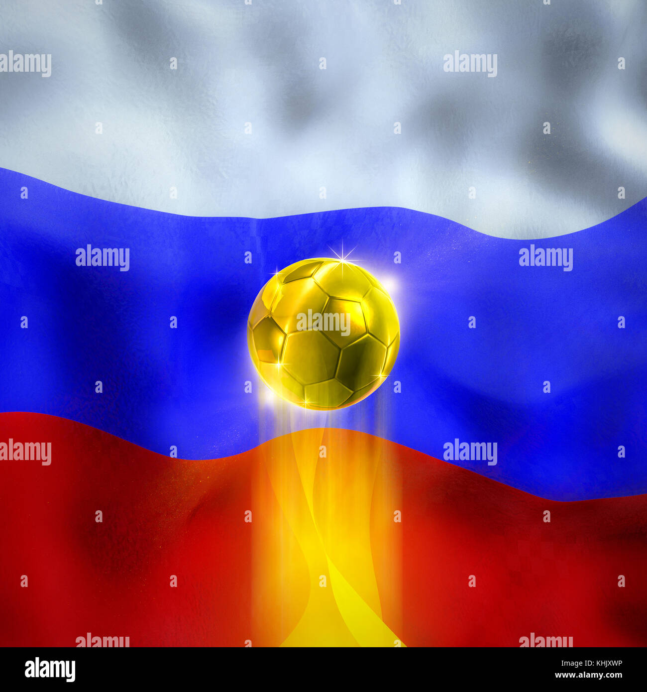 Russia soccer gold ball / 3D illustration of golden soccer ball rising