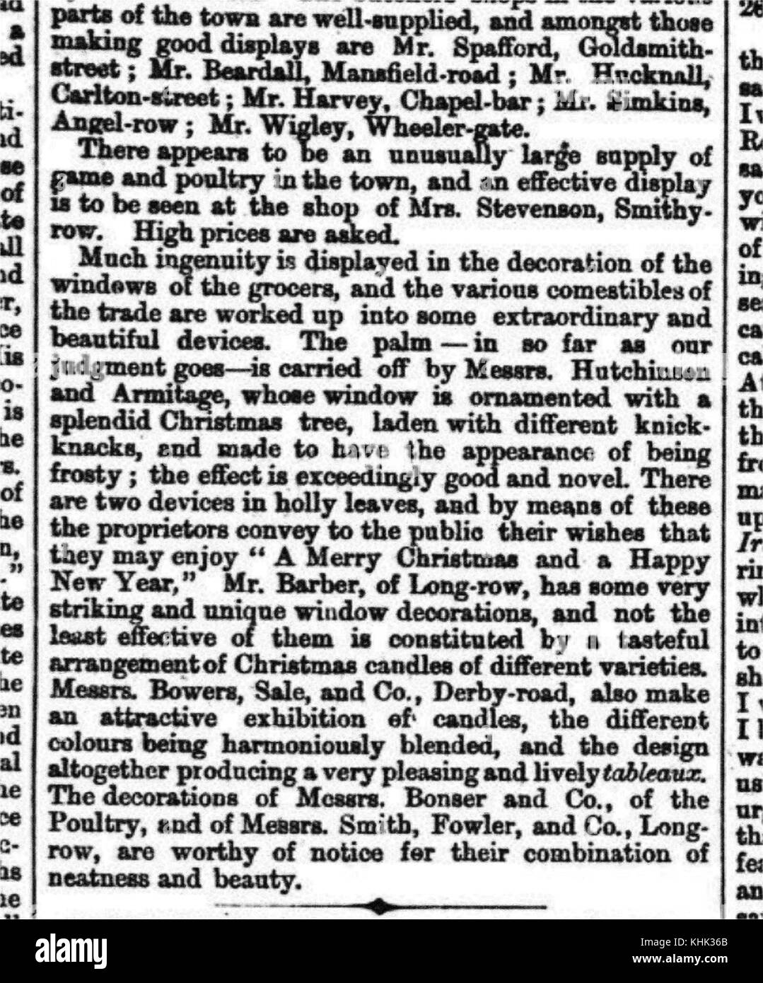 Christmas 1866. The NOTTINGHAM GUARDIAN NEWSPAPER  (UK) reports how the towns traders decorated their shops Stock Photo