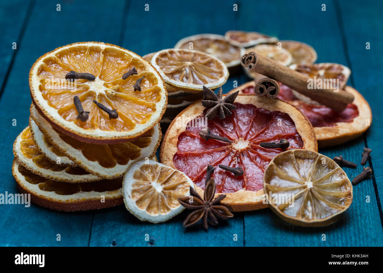 Dried oranges, lemon, lime and grapefruit with cinnamon, anise and