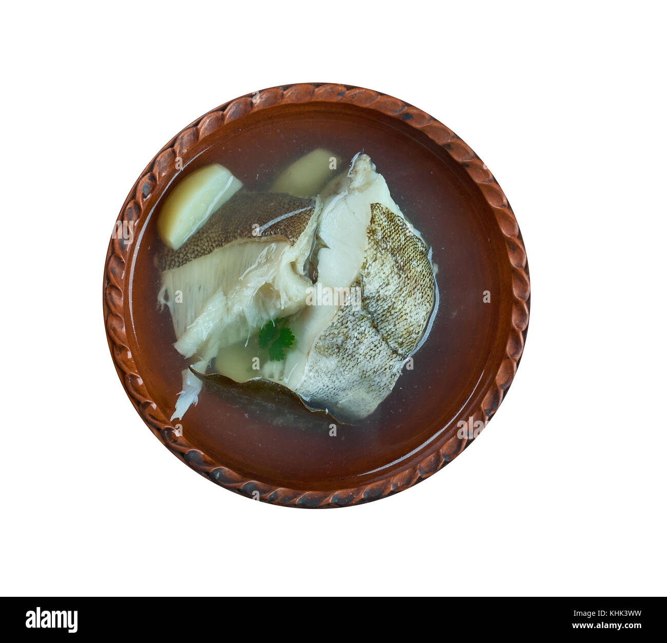 Norwegian fish soup with halibut and cod Stock Photo Alamy
