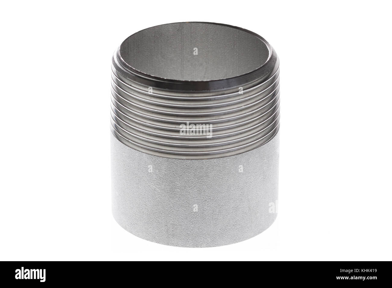 Stainless steel the threaded spigot fitting is isolated on white