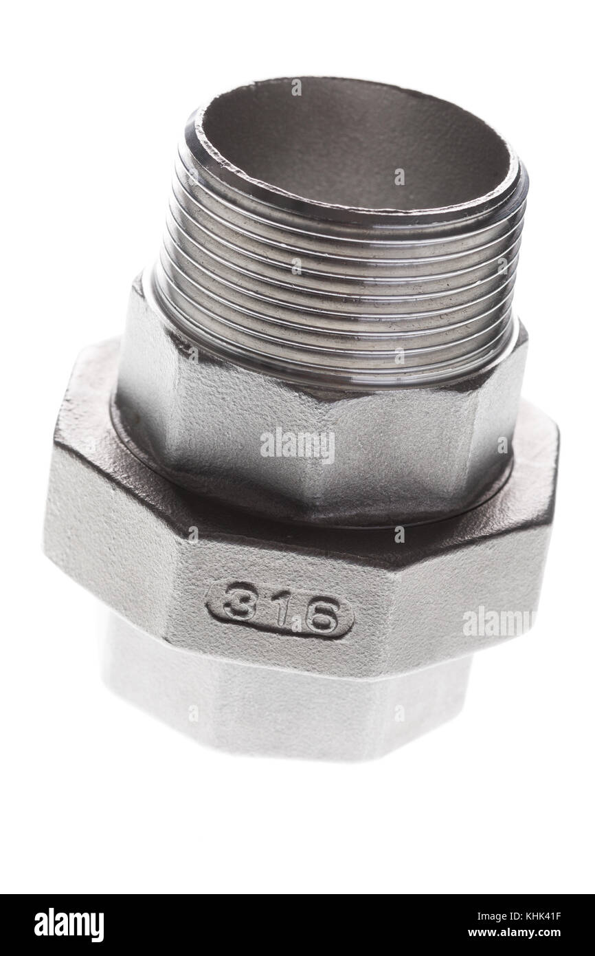 Stainless steel the threaded union fitting is isolated on white