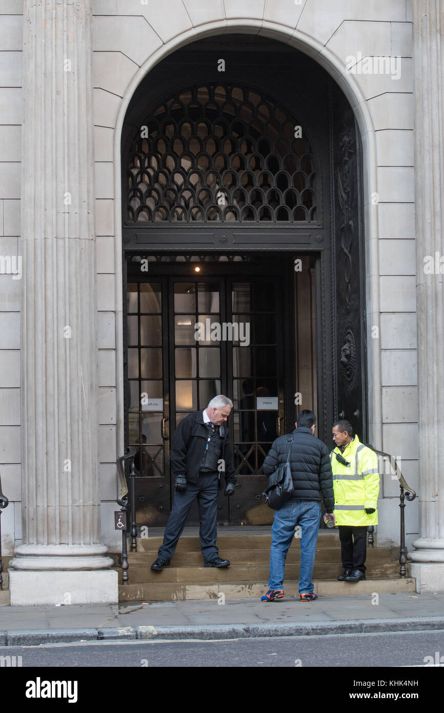 Security at the main entrance to the Bank of England, in the financial