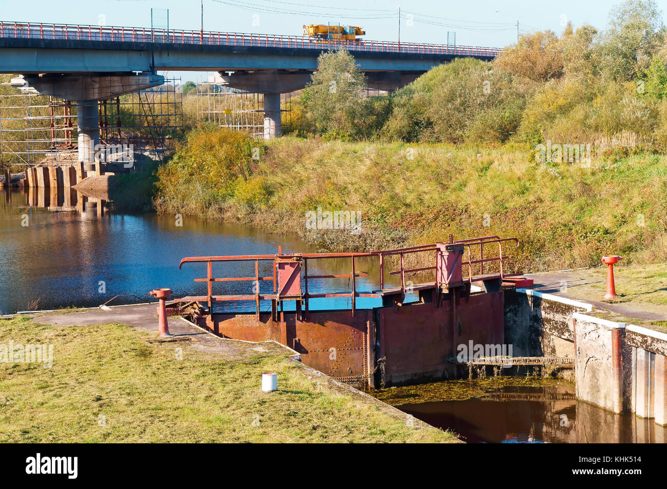 hydraulic structures canal lock and bridge over the river Stock Photo