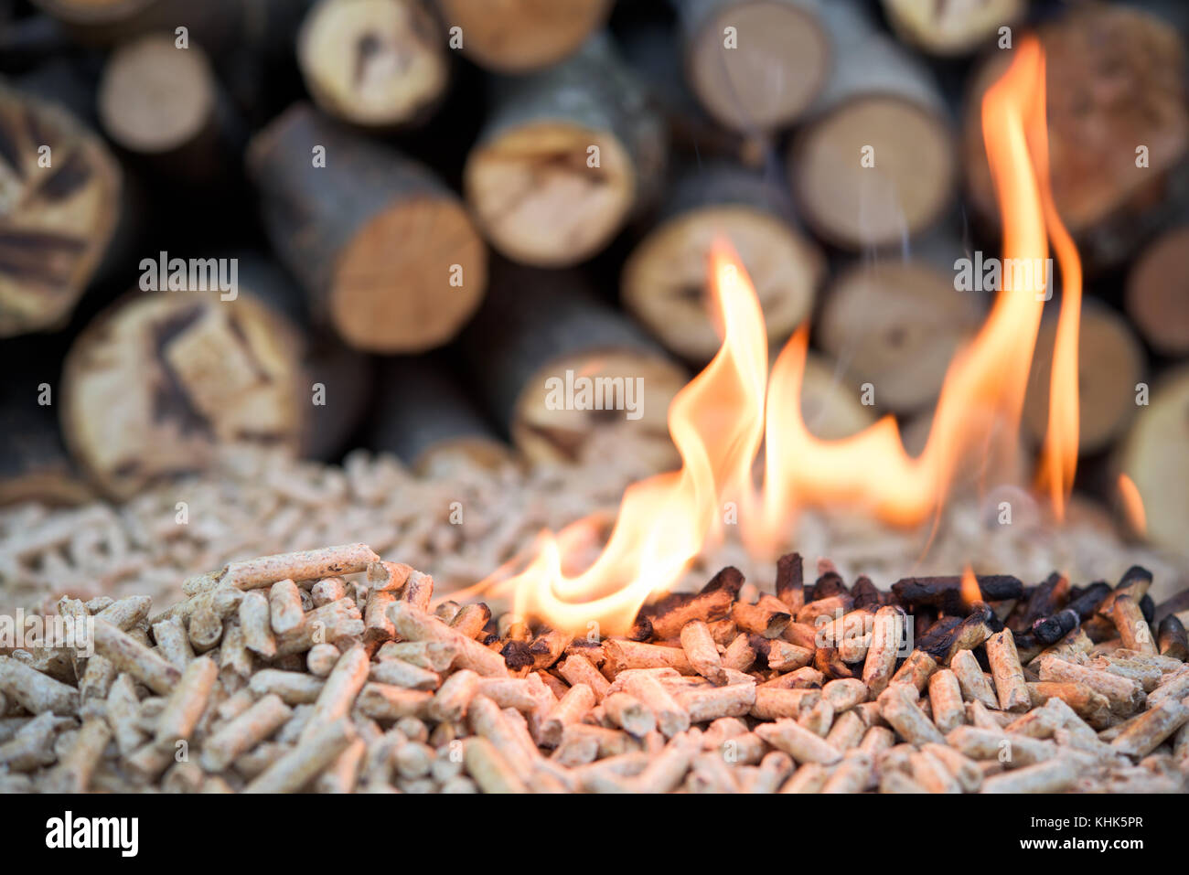 Fir biomass in flomes - renewable energy Stock Photo