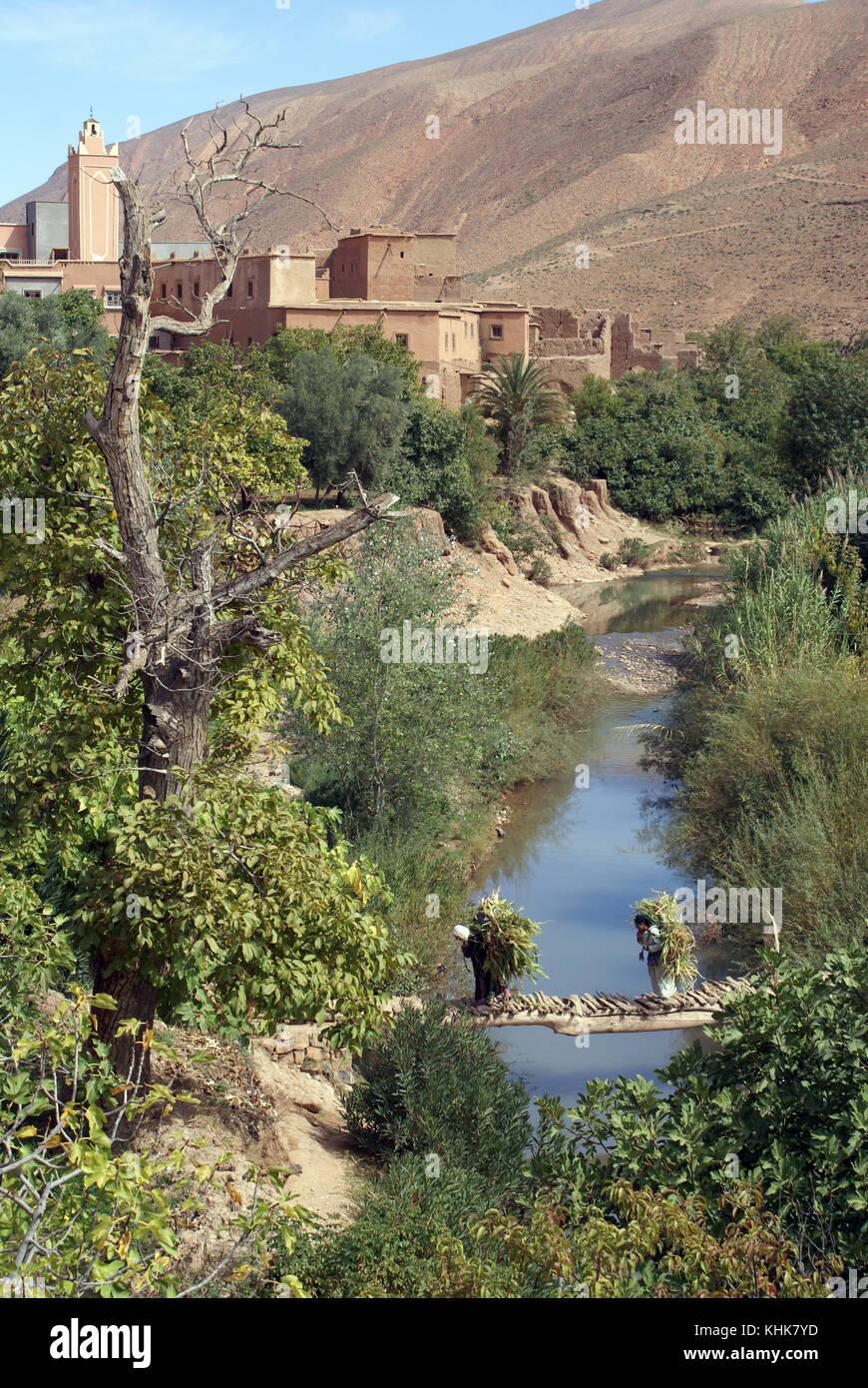Two women on the bridge in village, Bulman Dodes, Morocco Stock Photo