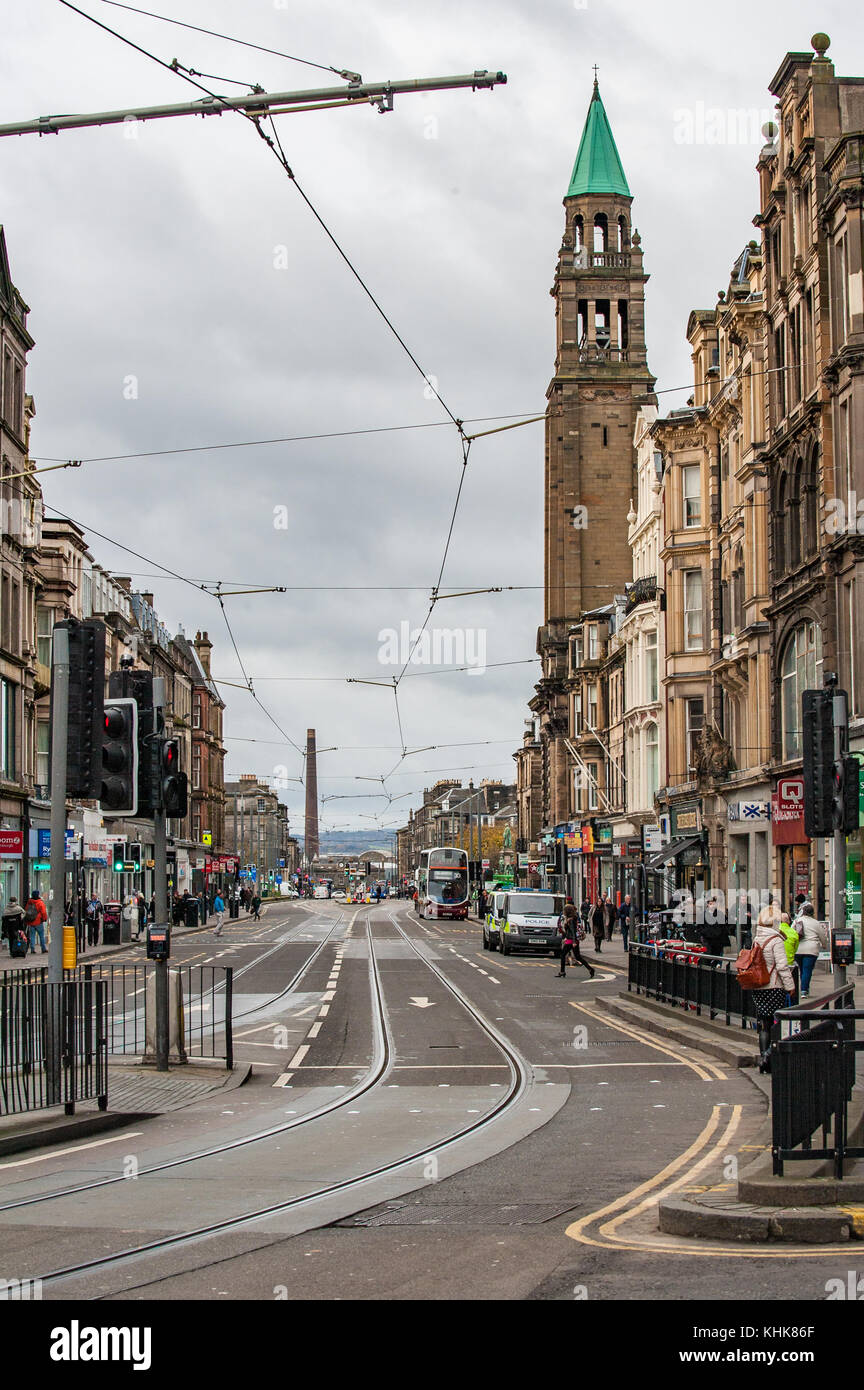 A pedestrian crossing of Shandwick Place in Edinburgh with tram lines, bicycle route, and a bus lane. Stock Photo