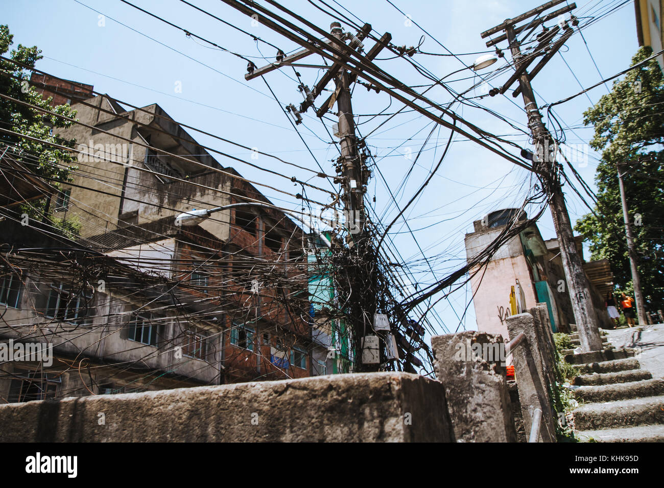 illegal power lines in the rocinha favela of rio de janeiro, brazil Stock Photo