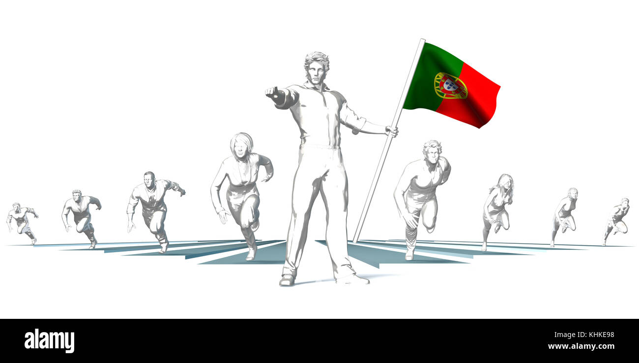Portugal Racing to the Future with Man Holding Flag Stock Photo