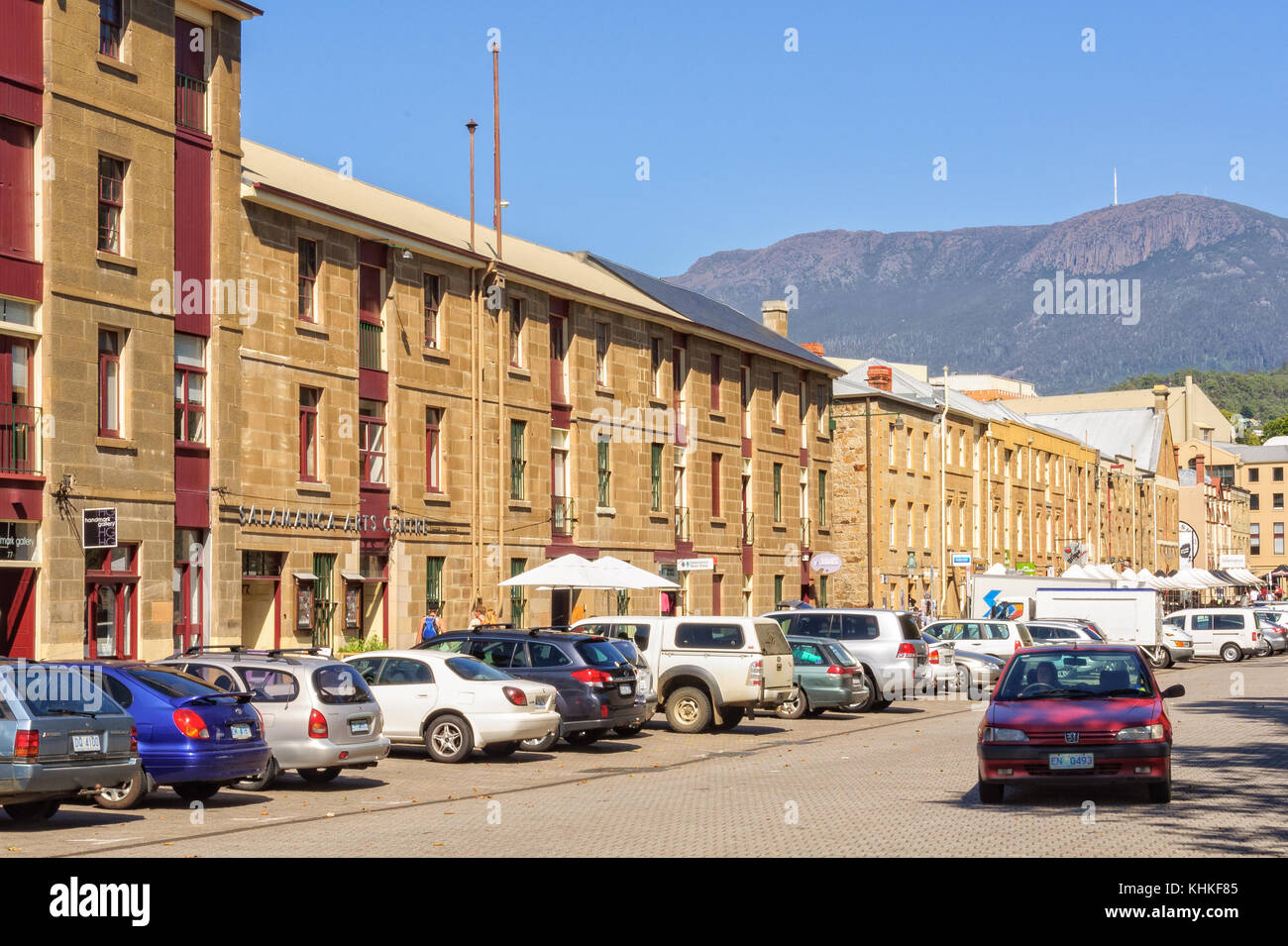 Sandstone buildings of Salamanca Place with Mount Wellington in the background - Hobart, Tasmania, Australia Stock Photo
