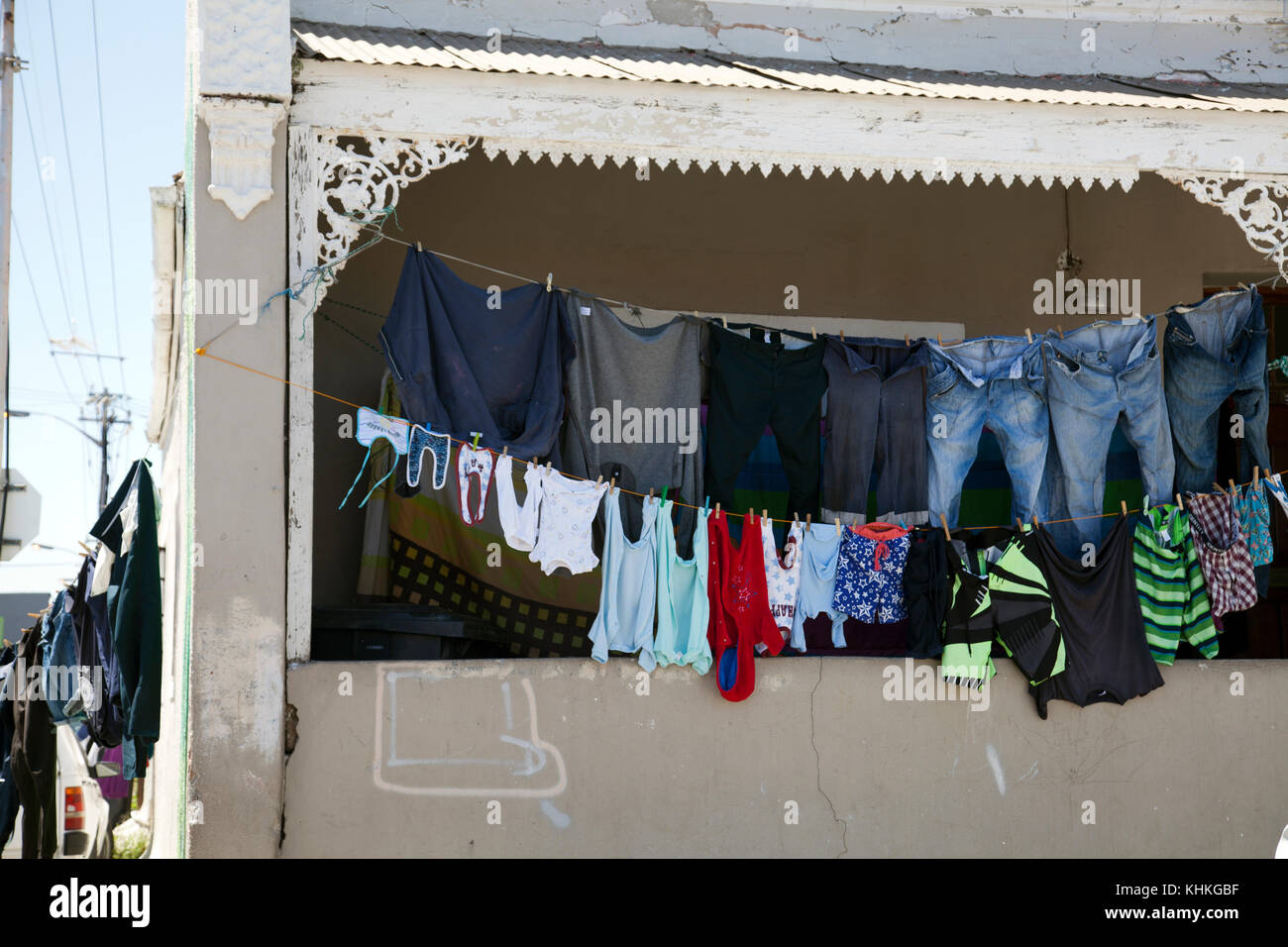 Clothes Hanging out to Dry on Washing Line in Woodstock - Cape Town - South Africa Stock Photo