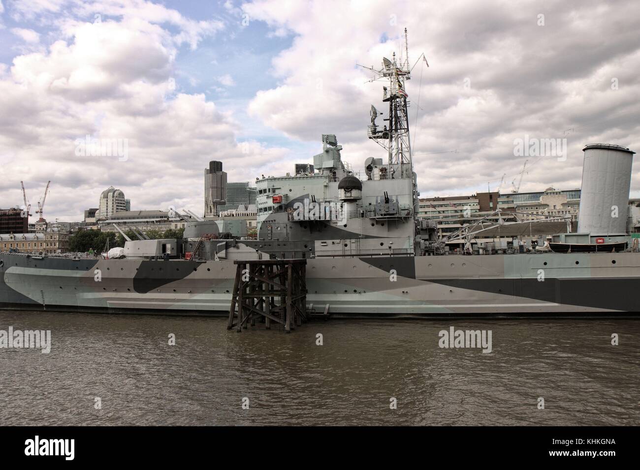HMS Belfast - HMS Belfast is a museum ship, originally a light cruiser built for the Royal Navy, currently moored on the River Thames in London Stock Photo