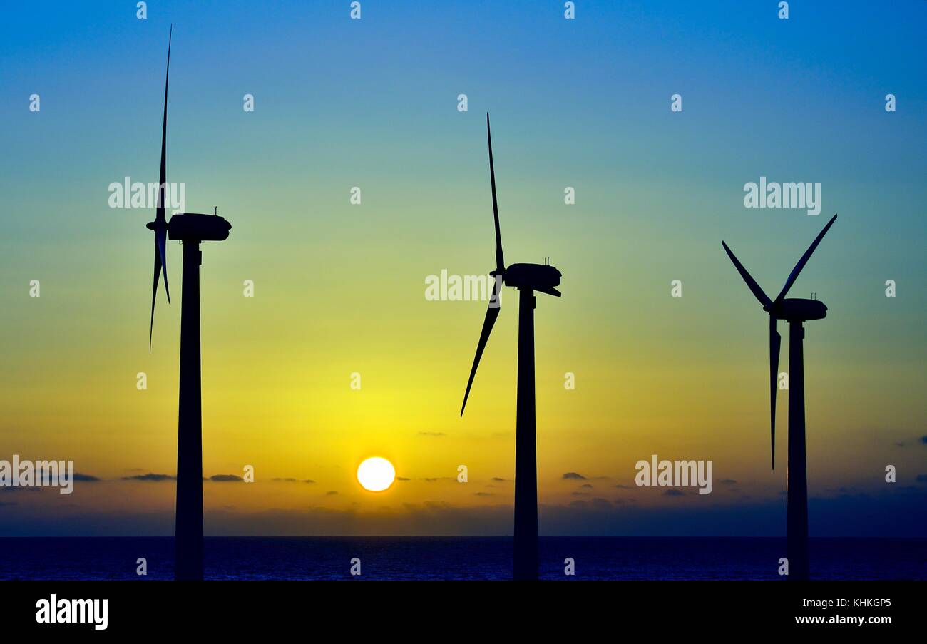Wind turbines at sunrise and vivid sky in the background Stock Photo ...
