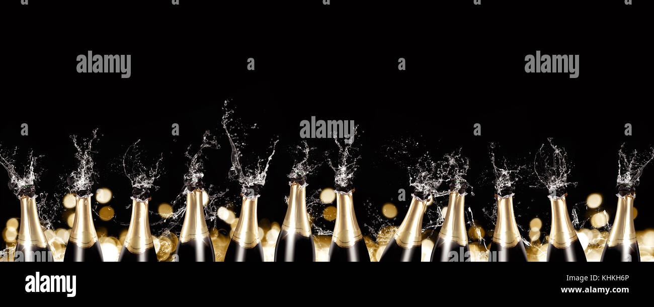 Sparkling wine bottles panorama Stock Photo