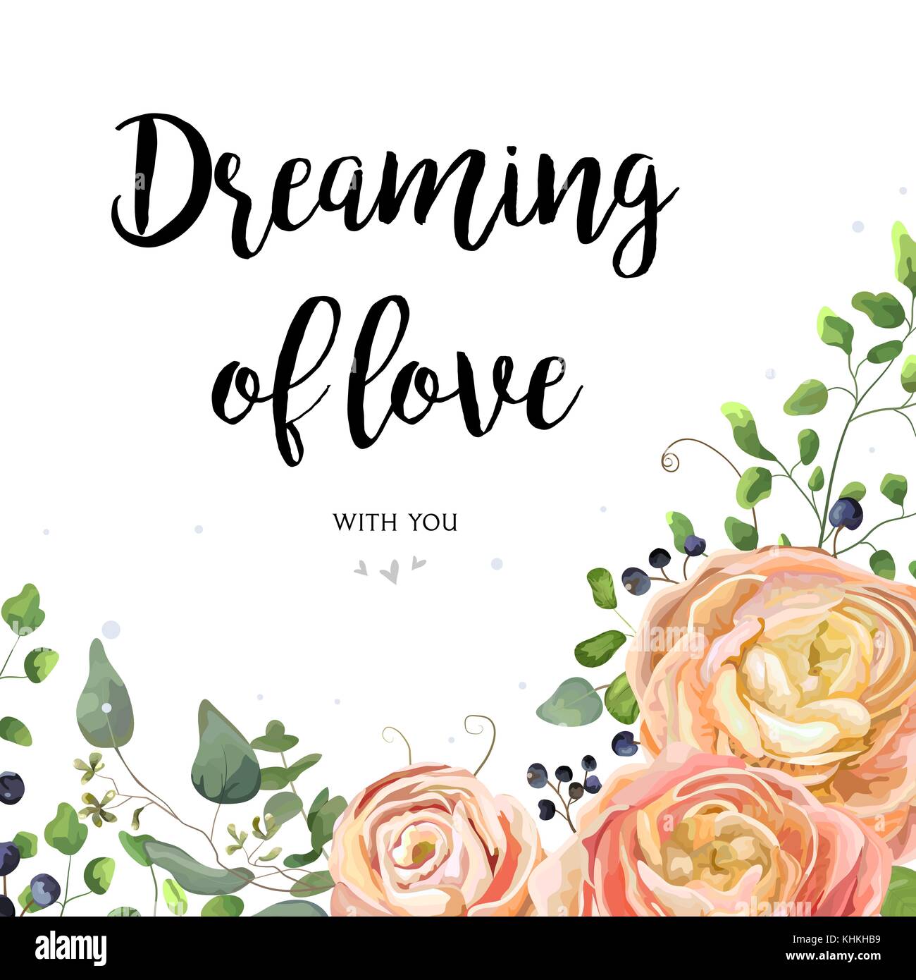 Vector floral design card: garden pink peach rose Ranunculus flower ...