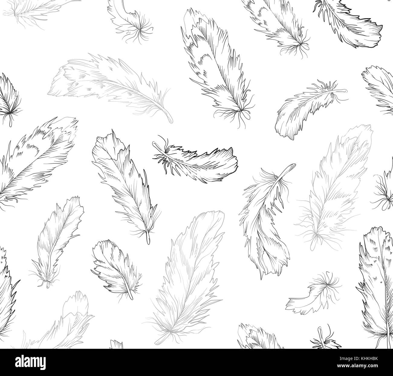 Feather bird seamless pattern. Monochrome black linear pen ink gray texture in boho style for strict interior wallpaper, textile t shirt design paper. Stock Vector
